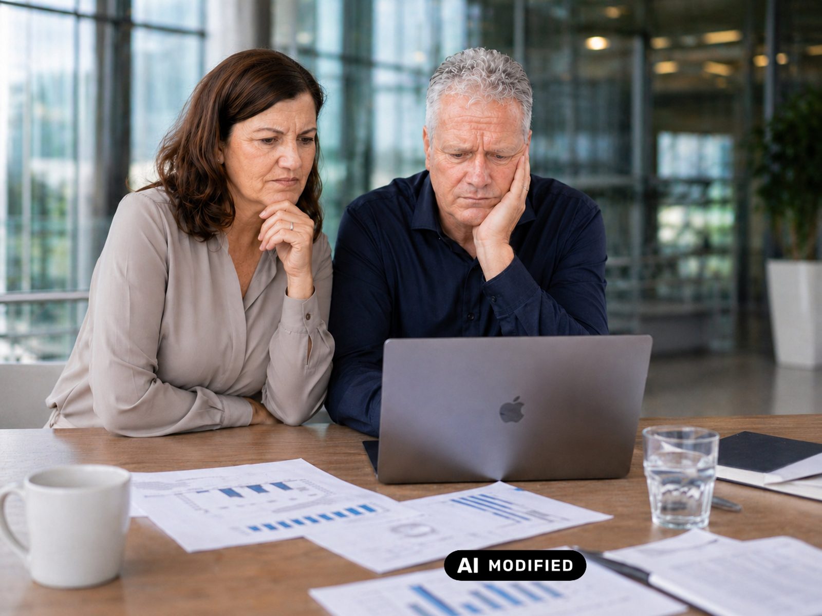 Unternehmerpaar sitzt vor dem Laptop und prüft die Zahlen der eigenen Akquise